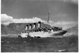 Cape Town, 25 December 1945. The 'Aquitania' in Table Bay harbour, largest ship to be docked in a...