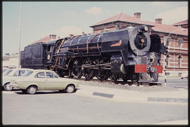 Bloemfontein. SAR Class 16E No 857 'Ann Smith' with winged plate 'Bloemfontein' mounted outside r...