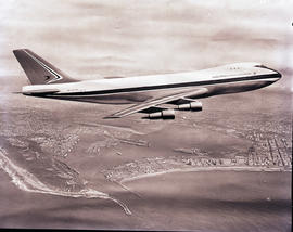 Durban, 1972. SAA Boeing 747 ZS-SAL 'Tafelberg' over Durban harbour. Note this is a model.