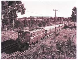 Johannesburg, 1957. SAR Class 5E No 567 with Blue Train between Witpoortjie and Princess.