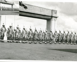Johannesburg, 1947. Jan Smuts airport. Troops at attention under arch of new airport.