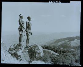 Zululand, 1957. Two Zulu women standing on rock.