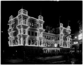 Cape Town, 21 February 1947. Old station in Adderley Street floodlit with decorative lights for d...