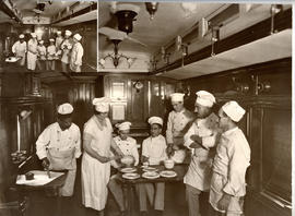 Railway chefs being trained in dining saloon.