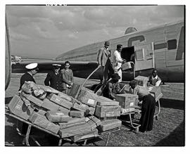 Johannesburg, 1948. Palmietfontein airport. BOAC Avro Lancastrian freighter G-AKRB arriving.