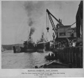 East London. New 'Fire Float' loaded off the 'Fort Salisbury' with a 50-ton crane in Buffalo Harb...