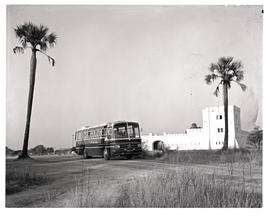 Etosha Game Park, South-West Africa, 1966. SAR Mercedes Benz tour bus No MT16404 at Fort Namutoni...