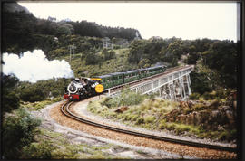 Humansdorp district. SAR Class NG15 with Apple Express on Van Stadens River bridge.