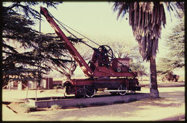 February 1994. Historic rail wagon crane on plinth.
