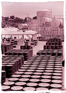 Ladysmith, 1961. Shell Rotella drums at fuel depot.