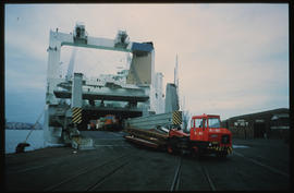 Durban, 1979. Abnormal load leaving RoRo ship in Durban Harbour.