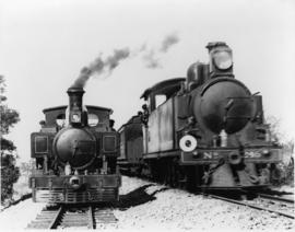 Weenen district. NGR locomotives side by side on different gauges, later SAR Class H No 245 and S...