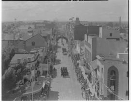 Bloemfontein, 7 March 1947. Aerial view of procession through city street. Nederduitse Gereformee...