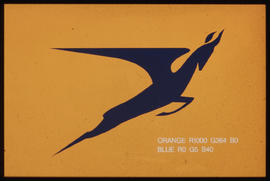 Logo of Flying Springbok emblem with colour codes. Orange R1000 G364 B0. Blue R0 G5 B40. Artwork.