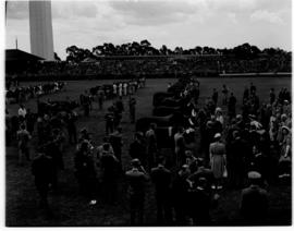 Johannesburg, 1 April 1947. Queen Elizabeth and dignitaries admiring the champion bulls at agricu...