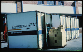 Worcester, 1987. Containers at South African Dried Fruit.