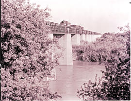 "Upington, 1976. SAR locomotive on the Orange River bridge."