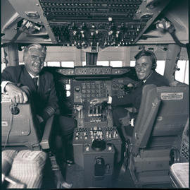 
Cockpit of SAA Boeing 747 ZS-SAN 'Lebombo'. Left, Captain Billy van Rensburg. Right Warren Ruthe...