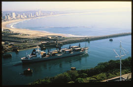 Durban, 1984. Container ship leaving Durban Harbour.