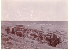 Orange Free State, circa 1900. Overturned locomotive at Rhenoster during Anglo-Boer War.