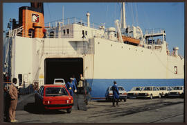 Port Elizabeth, July 1981. 'Mkuze' RoRo loading new motor cars in Port Elizabeth Harbour. [Jan Hoek]