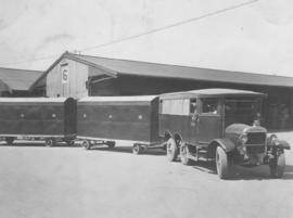 Johannesburg, 1934. SAR Thornycroft 3-axle truck No 1738 with two trailers at Kazerne.