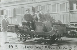 Port Elizabeth, 1913. Dignitaries on the railway trolley of the Divisional Superintendent, Port E...