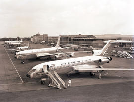 Johannesburg, 1965. Jan Smuts airport. SAA aircraft lined up. Boeing 727 ZS-DYP closest to camera.