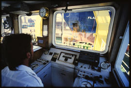 Interior of harbour crane operator cabin.
