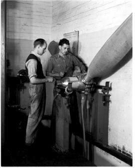 Johannesburg, circa 1949. Rand Airport. Working on propeller in workshop. (JK Hora)
