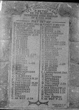 Vryheid district, 1937. Inscription on Piet Retief memorial at Dingaan's kraal.