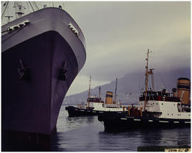 Cape Town, 1966. SAR tugs 'FT Bates' and 'Danie Hugo' assisting ship in Table Bay Harbour. [HT Hu...