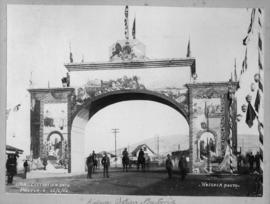 Pretoria, 26 June 1902. Coronation arch at railway station, painted by IMR employees. (Hossack Ph...