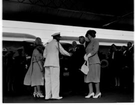 Pretoria, 29 March 1947. King George VI and Queen Elizabeth greeted by dignitaries including Prim...
