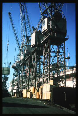 East London, August 1983. Wharf cranes in Buffalo Harbour. [T Robberts]