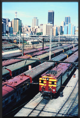 Johannesburg, January 1979. SAR type 5M2A suburban trains in Braamfontein marshalling yard. [D Da...