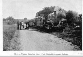 Port Elizabeth. A train on the Walmer suburban line hauled by a CGR 'Bagnall B' later SAR Class NG8.
