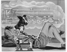 Publicity poster of boy and dog with images of locomotives.