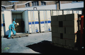 Worcester, 1987. Containers at South African Dried Fruit.