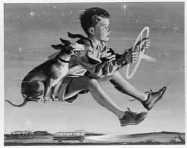 Publicity poster of boy and dog flying with steering wheel. Canadian Brill bus.