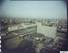 Johannesburg, 1963. Rotunda airport terminal with railway station in the distance.