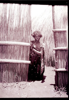 Swaziland, 1933. Swazi girl in doorway of reed enclosure.
