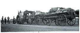 Kuruman, 1915. Steam tractor with two wagons during World War One.