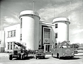 Krugersdorp, 1962. Fire engines at fire station. Left to right: Leyland, DKW Munga and Dennis.