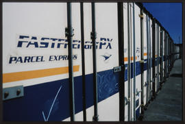 Johannesburg, 1989. Row of Fastfreight containers at Kaserne.