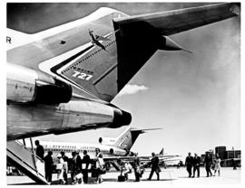 Bloemfontein, 1966. JBM Hertzog airport. SAA Boeings 727 ZS-DYR 'Letaba' and ZS-DYN 'Vaal'.