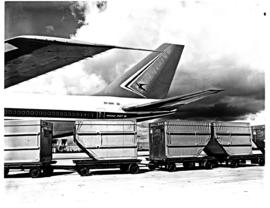 
SAA Boeing 747 ZS-SAN 'Lebombo' with luggage trailers.
