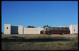 Etosha Game Park, South-West Africa, 1976. SAR Mercedes Benz tour bus at Fort Namutoni rest camp....