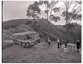 Pietermaritzburg district, 1966. SAR Leyland Olympic tour bus No MT16937 at lookout point at Vall...