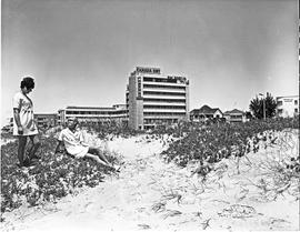 Port Elizabeth, 1970. Marine Hotel viewed from the beach.